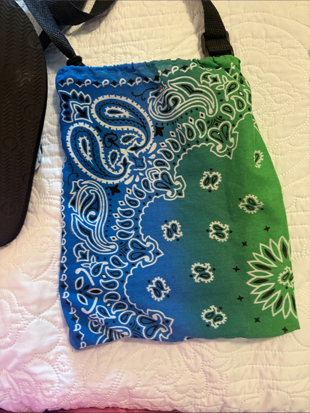 Women  Green and Blue Paisley Slide Sandals with Matching Crossbody Bag